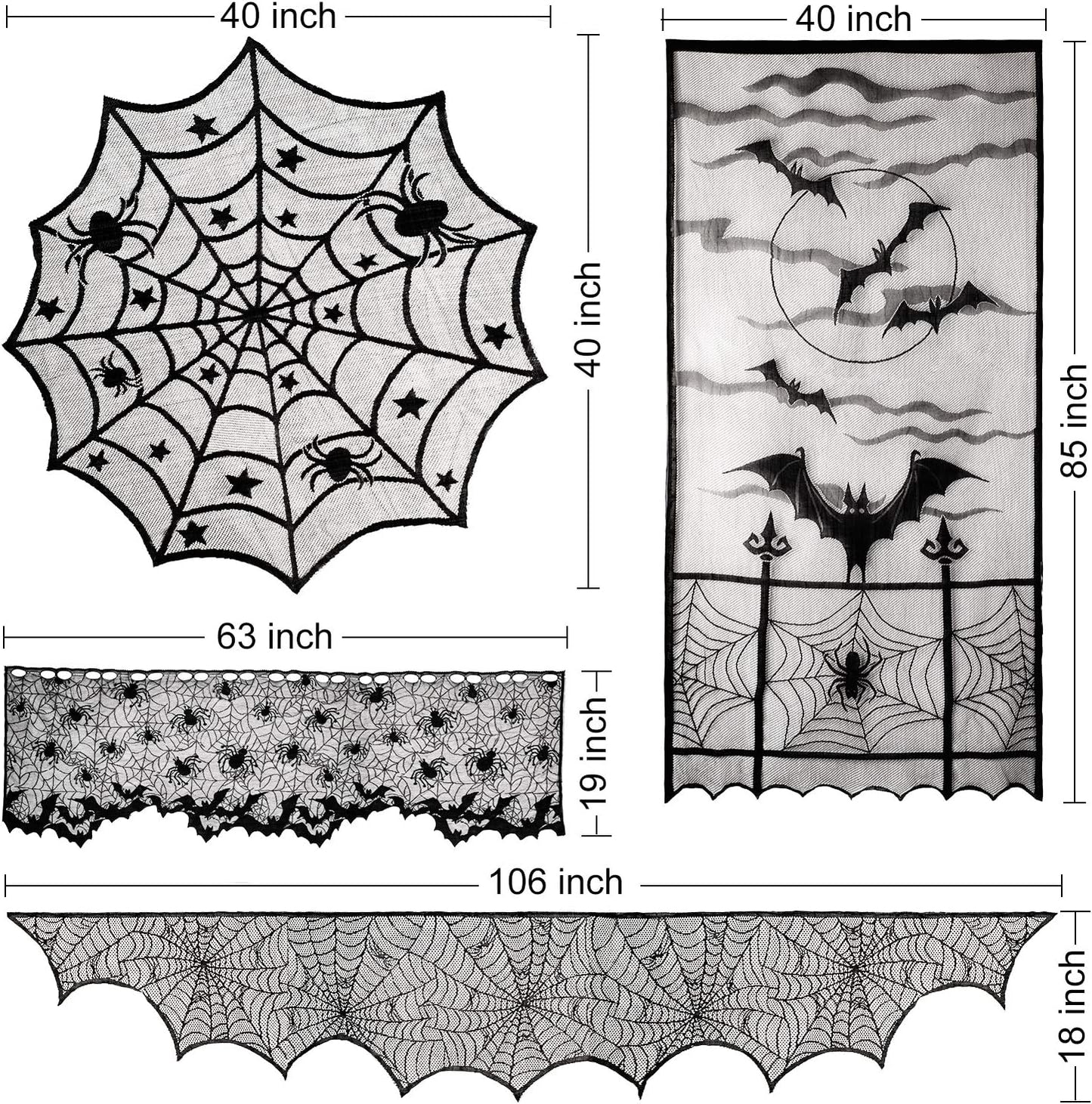 Aritiflr 5 Pack Halloween Decorations, Black Lace Party Decor, Bat Window Curtains, Spider Web Fireplace Mantel Scarf Cover, Spider Web Table Topper Tablecloth, Halloween Lamp Shade