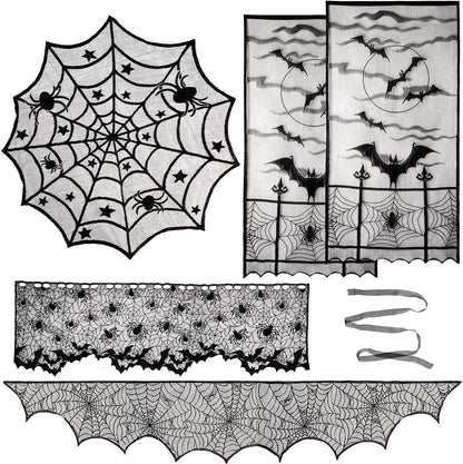 Aritiflr 5 Pack Halloween Decorations, Black Lace Party Decor, Bat Window Curtains, Spider Web Fireplace Mantel Scarf Cover, Spider Web Table Topper Tablecloth, Halloween Lamp Shade