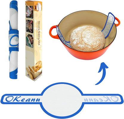 Silicone Baking Mat for Dutch Oven Bread Baking - Long Handles Sling Baking Mat Gentler Safer & Easier to Transfer for Dough, Bread Baking Supplies Eco-Friendly Alternative for Parchment Paper