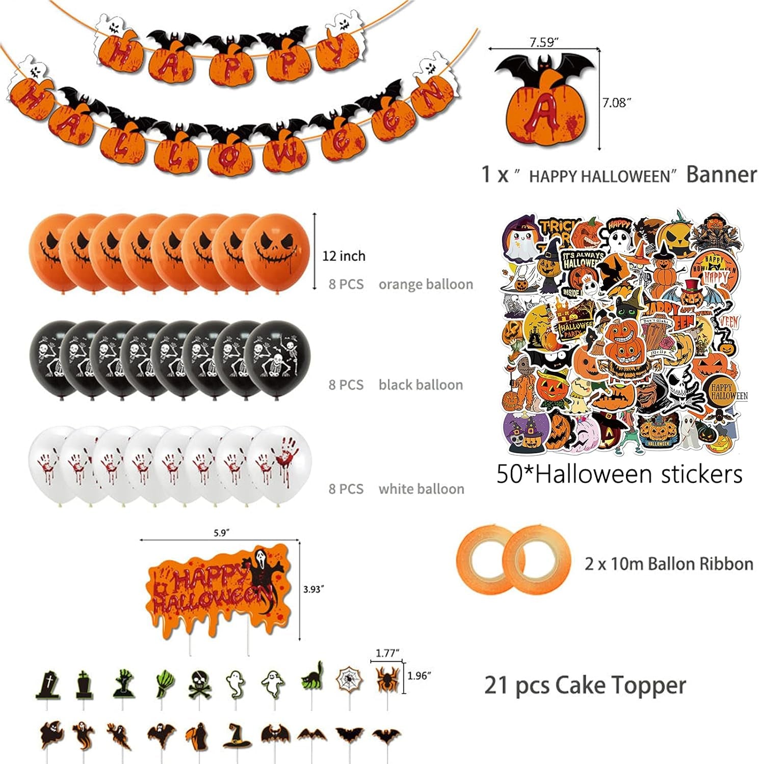 Halloween Party Decorations Supplies Kit 98 Pcs Include Balloons Birthday Cake Cupcake Toppers Stickers for Kids Indoor Outdoor Decor Boy Girls Adult (Pumpkin Theme Style) (082601)