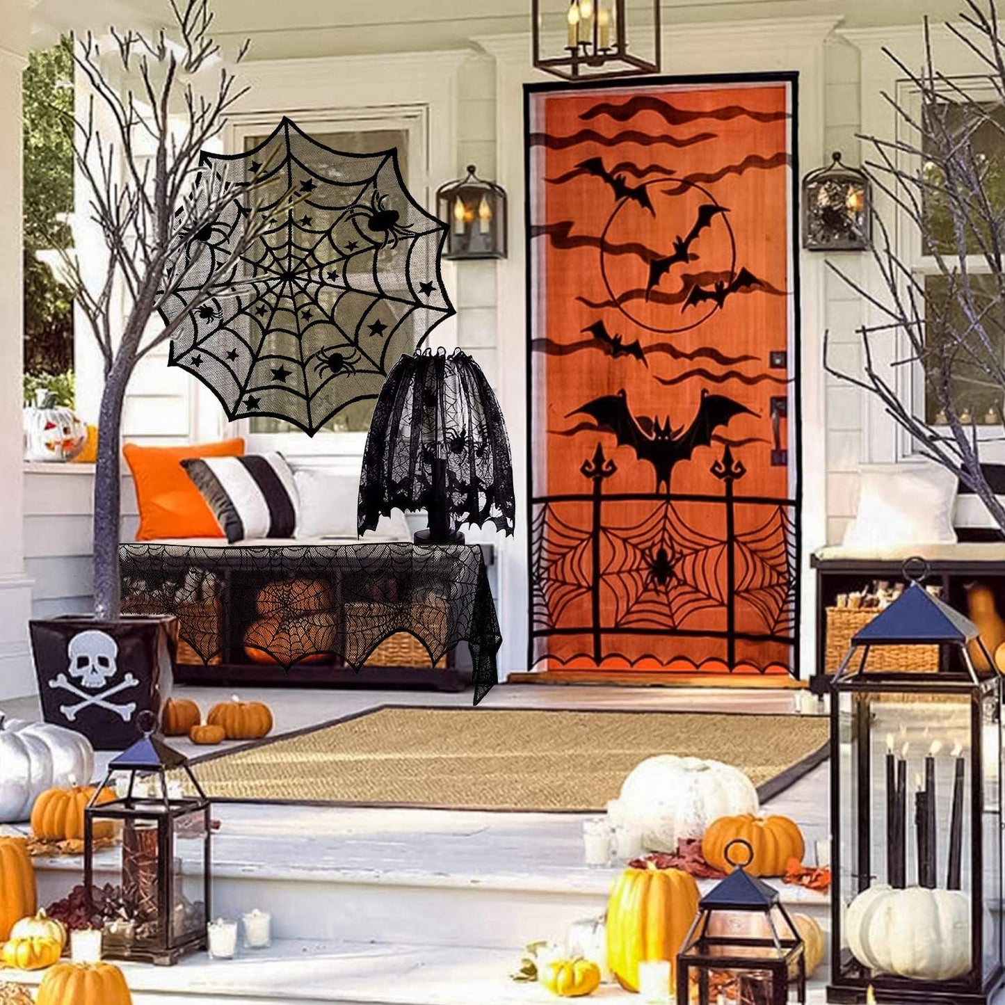 Aritiflr 5 Pack Halloween Decorations, Black Lace Party Decor, Bat Window Curtains, Spider Web Fireplace Mantel Scarf Cover, Spider Web Table Topper Tablecloth, Halloween Lamp Shade